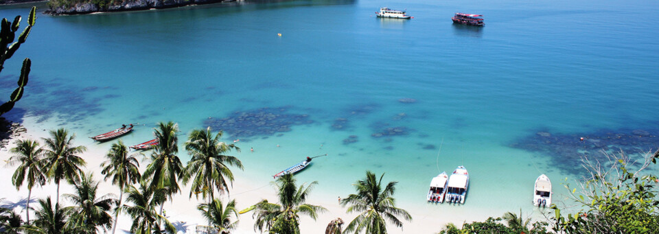 Boote vor Palmenstrand im Ang Thong Marine Nationalpark